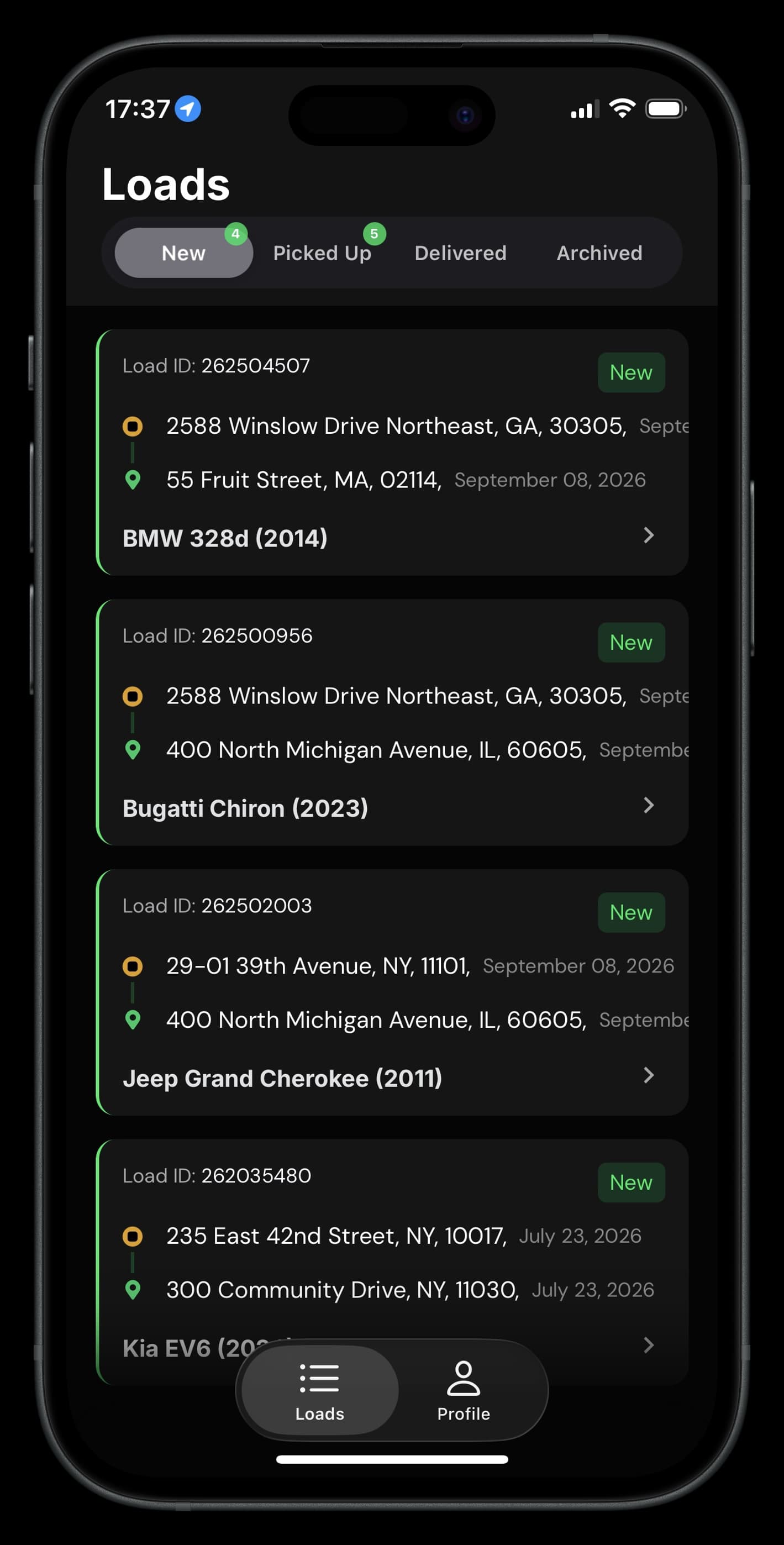 Avorix Driver App showing assigned vehicle loads and their pickup and delivery details