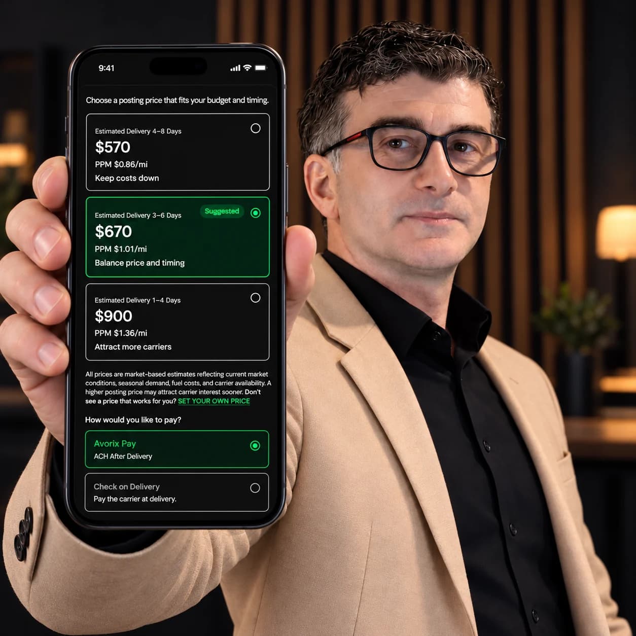 George holding a phone displaying AVORIX shipping price options.