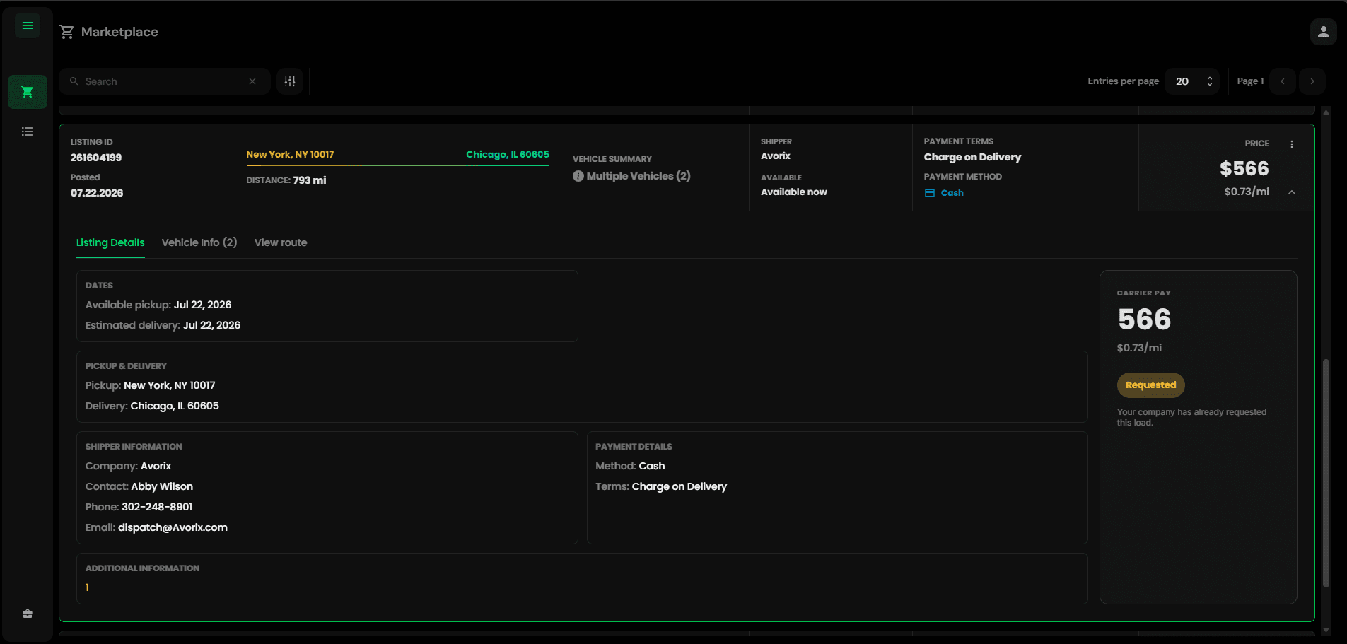 Avorix Marketplace listing 261604199, from New York to Chicago, with shipment details and carrier pay of $566