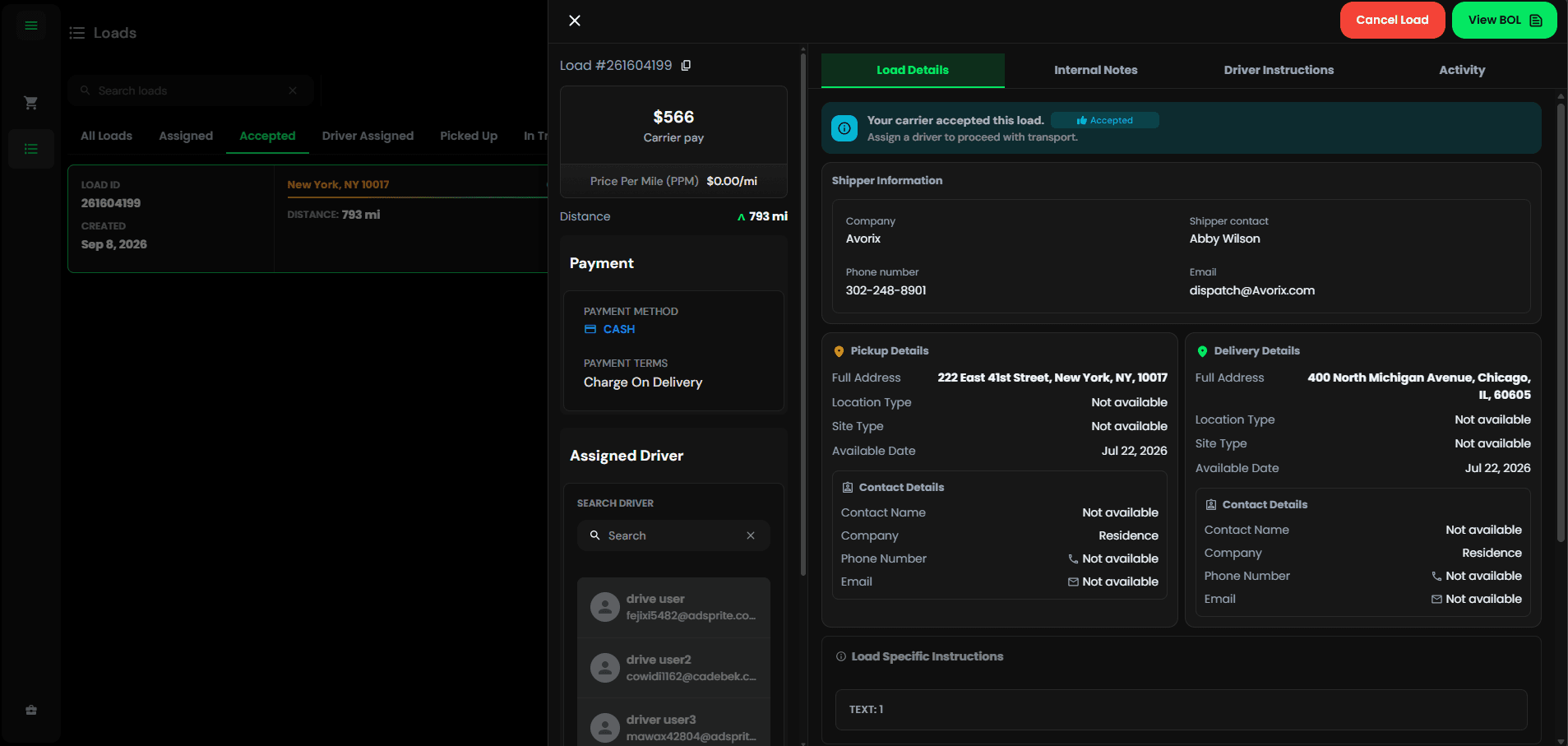 The same order 261604199 accepted in Avorix Carrier TMS, retaining its $566 carrier pay, route, contacts, and shipment information