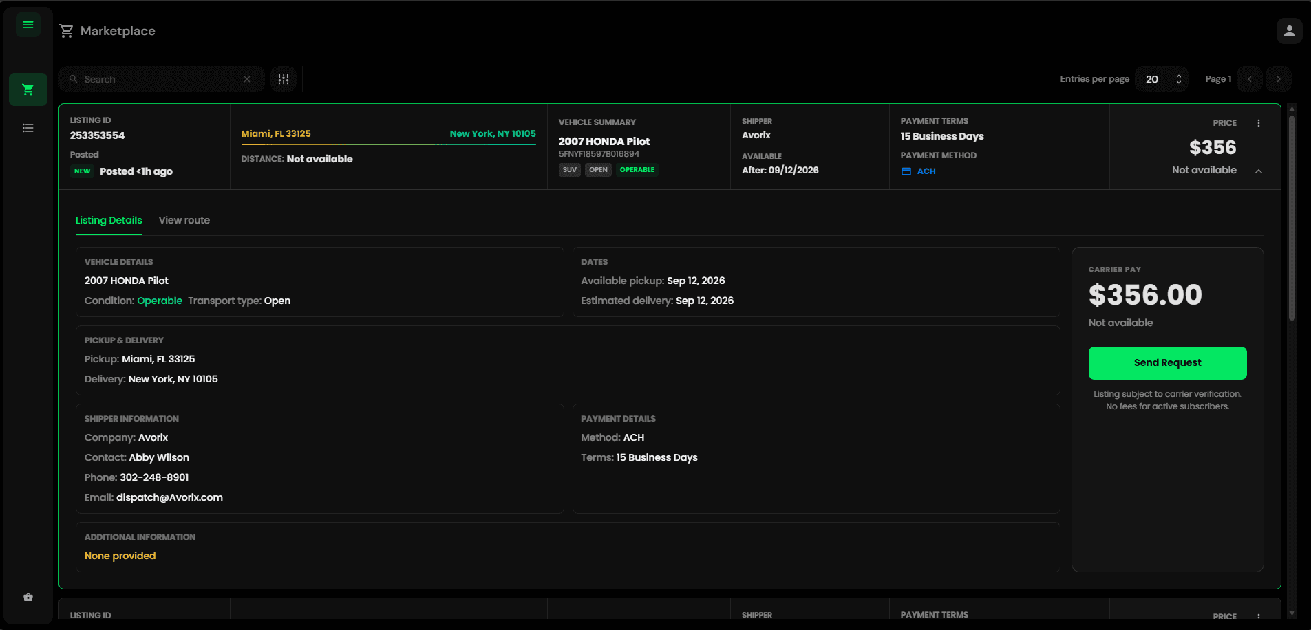 Expanded Avorix Marketplace listing 253353554 showing a 2007 Honda Pilot from Miami to New York, vehicle and equipment details, pickup and delivery dates, contacts, and $356 carrier pay