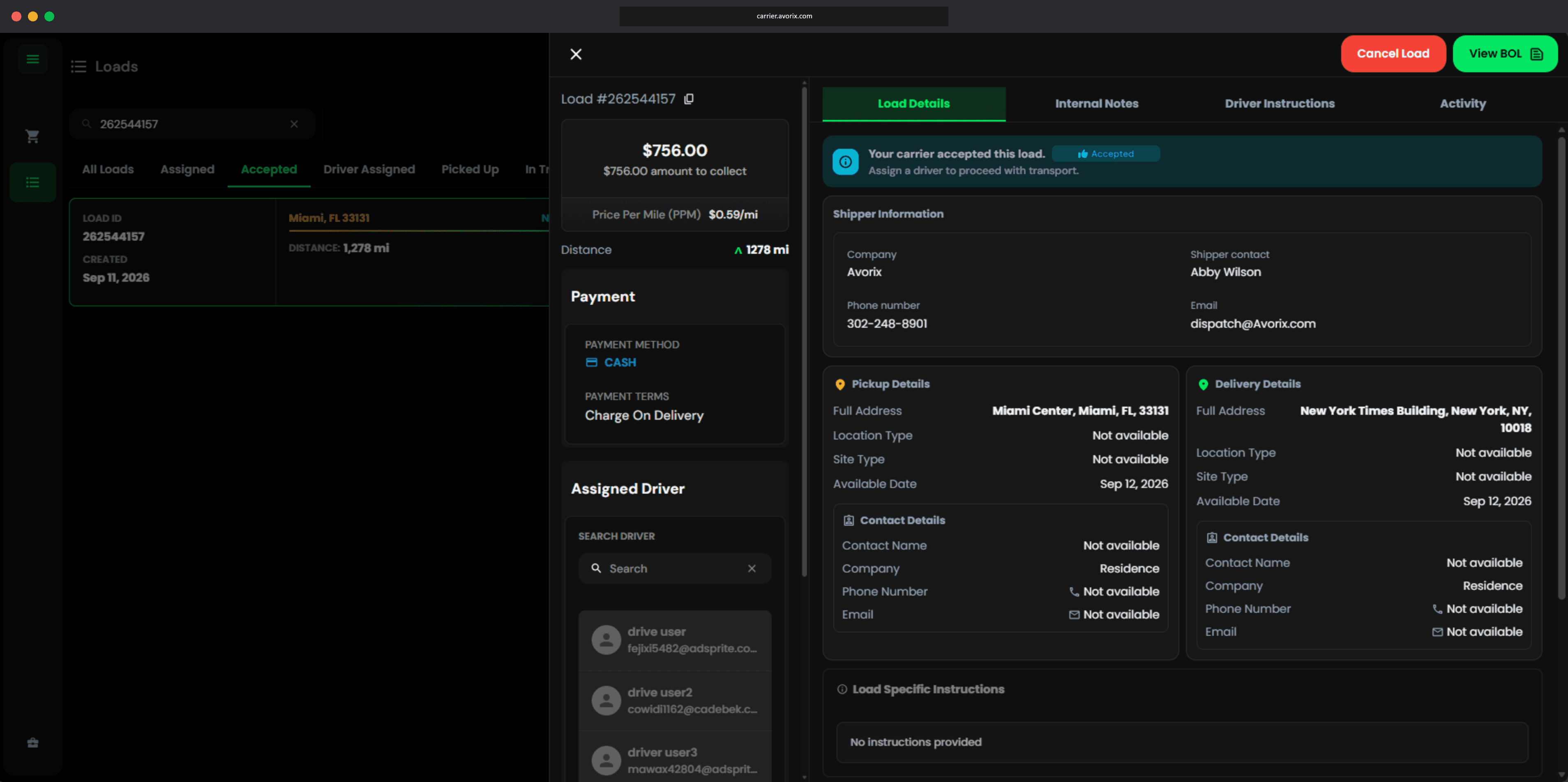 Avorix Carrier TMS accepted load 262544157 showing driver assignment, shipment contacts, route details, and $756 payment