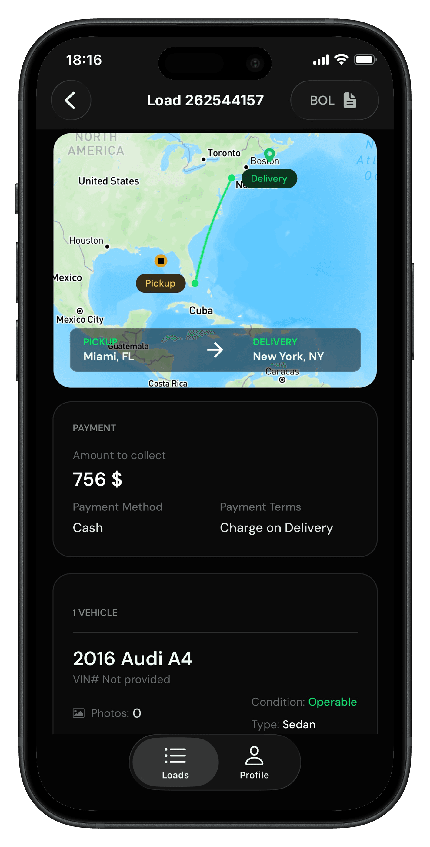 Avorix Driver App on an iPhone showing load 262544157, the Miami to New York route, $756 payment, and the 2016 Audi A4