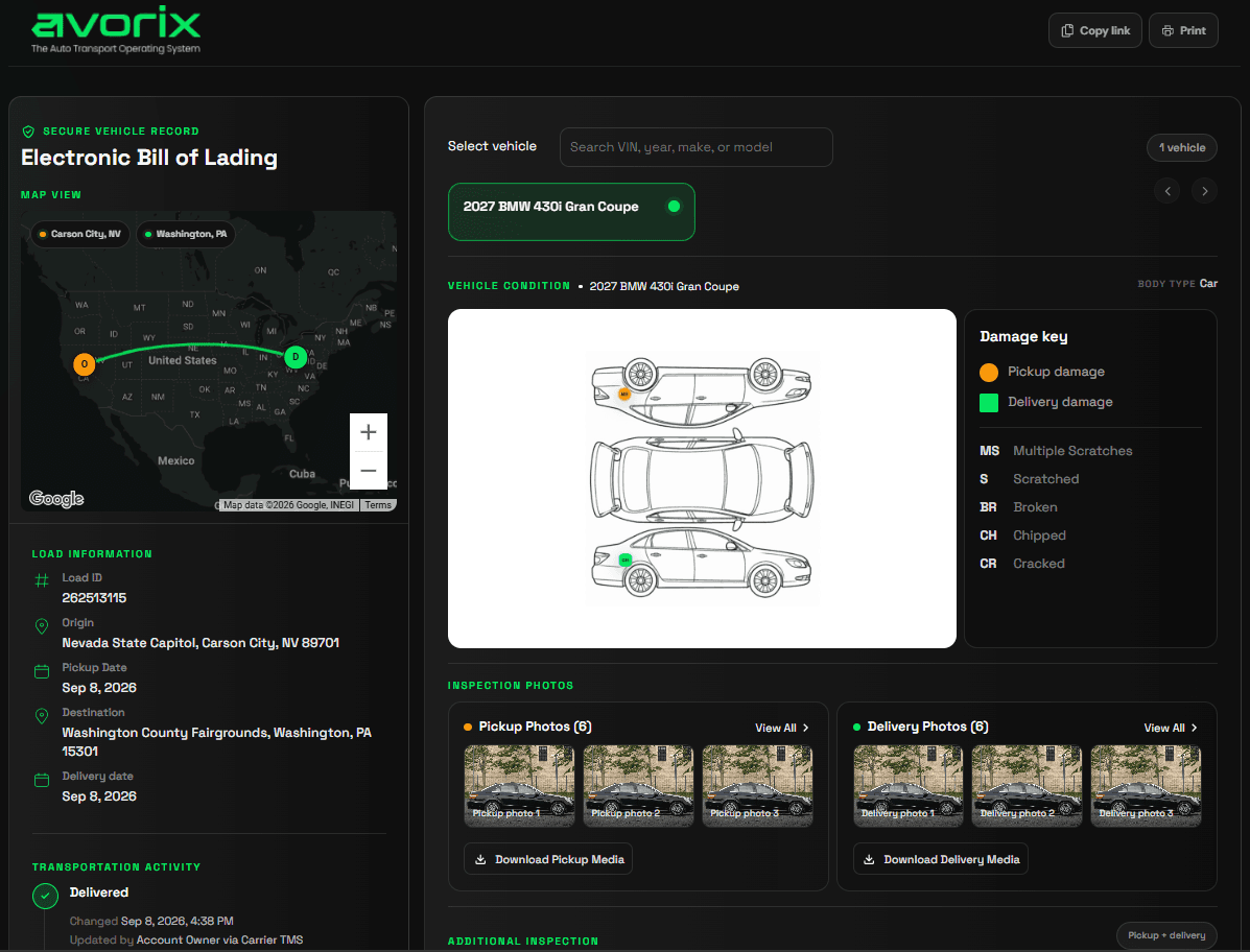 Avorix electronic bill of lading with load information, route map, vehicle condition and damage markings, pickup and delivery photos, and delivered status