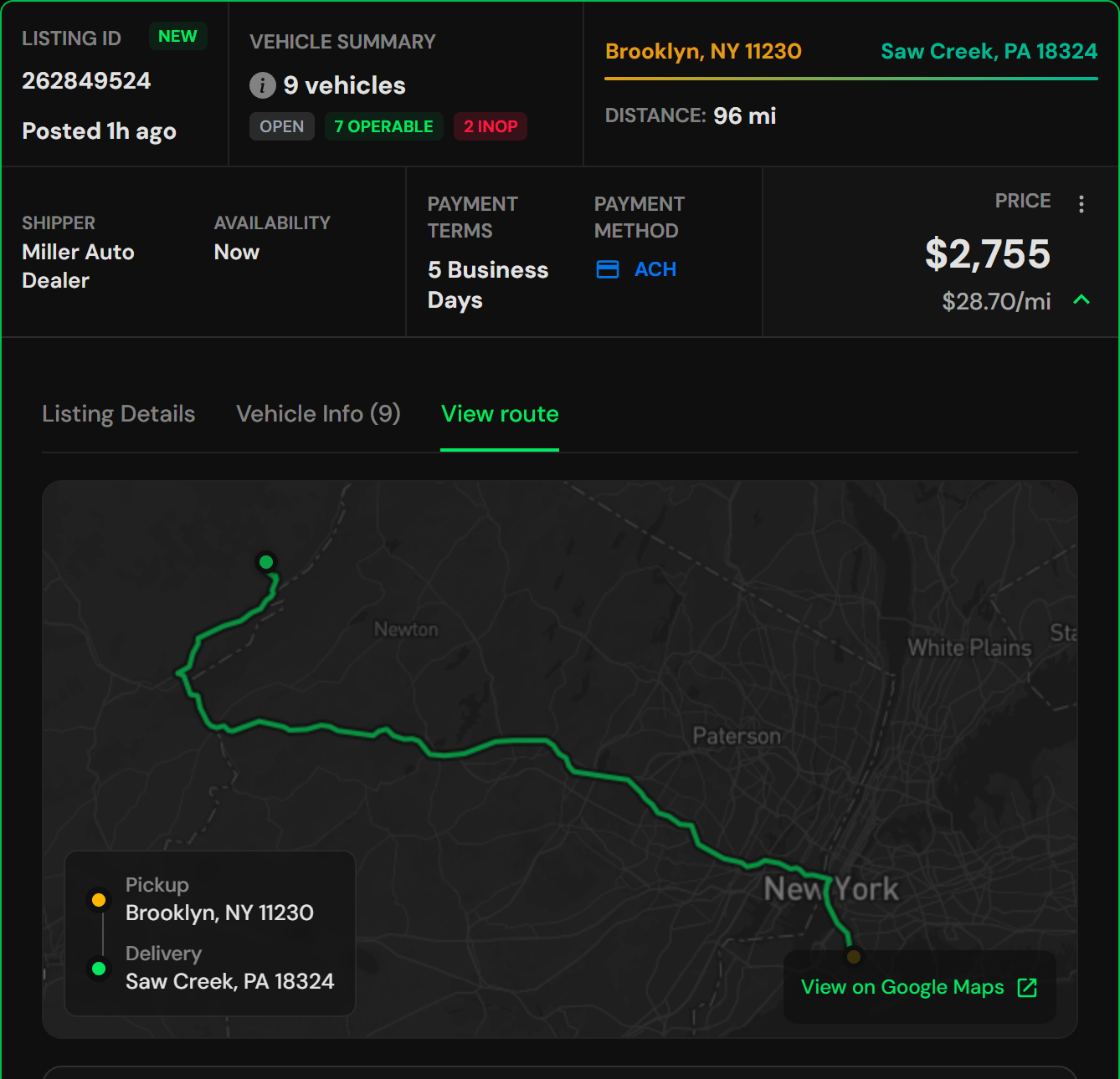 A real AVORIX Marketplace listing for nine vehicles from Brooklyn, New York to Saw Creek, Pennsylvania, showing its posted price and route in the carrier view