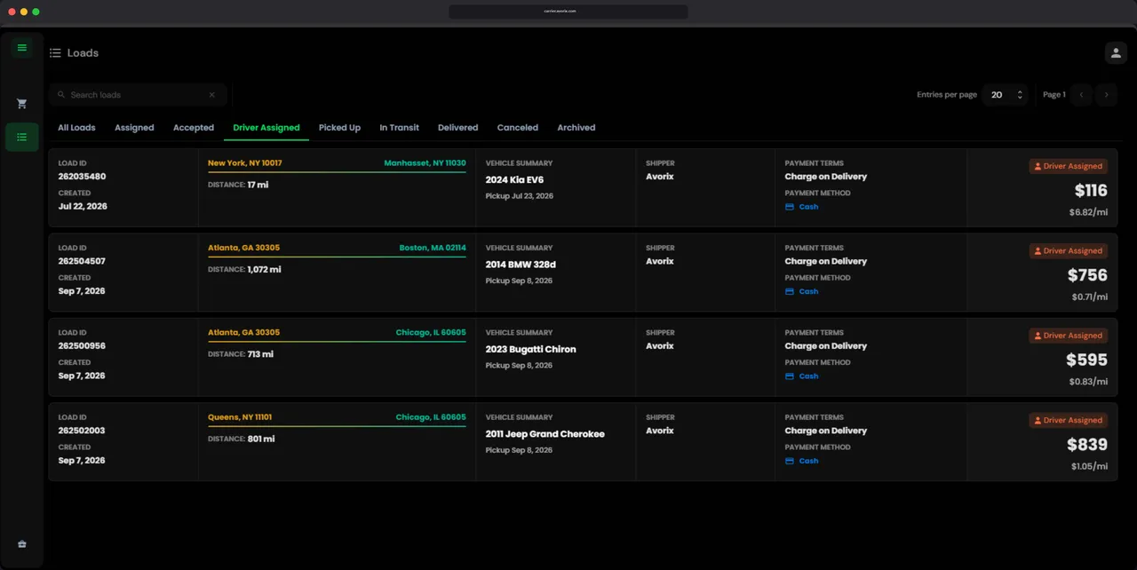 Avorix Carrier TMS active loads with driver assignments, vehicles, and pickup and delivery statuses