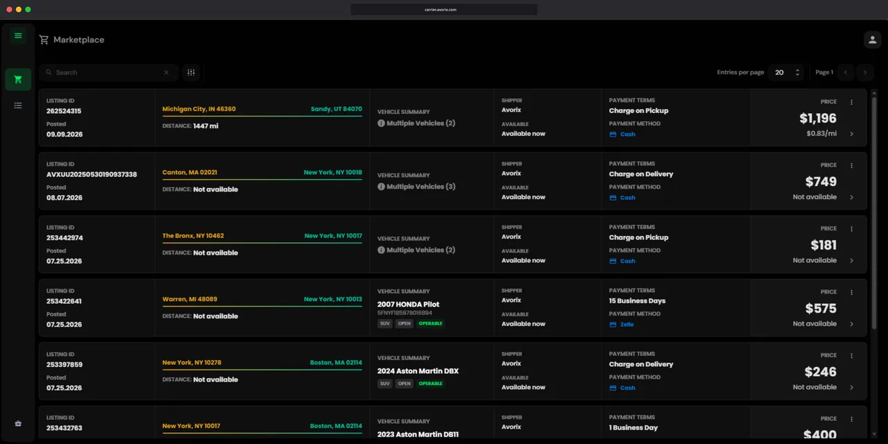 Avorix Marketplace active vehicle listings showing pickup and delivery locations, route distances, vehicle and equipment details, availability, and pricing